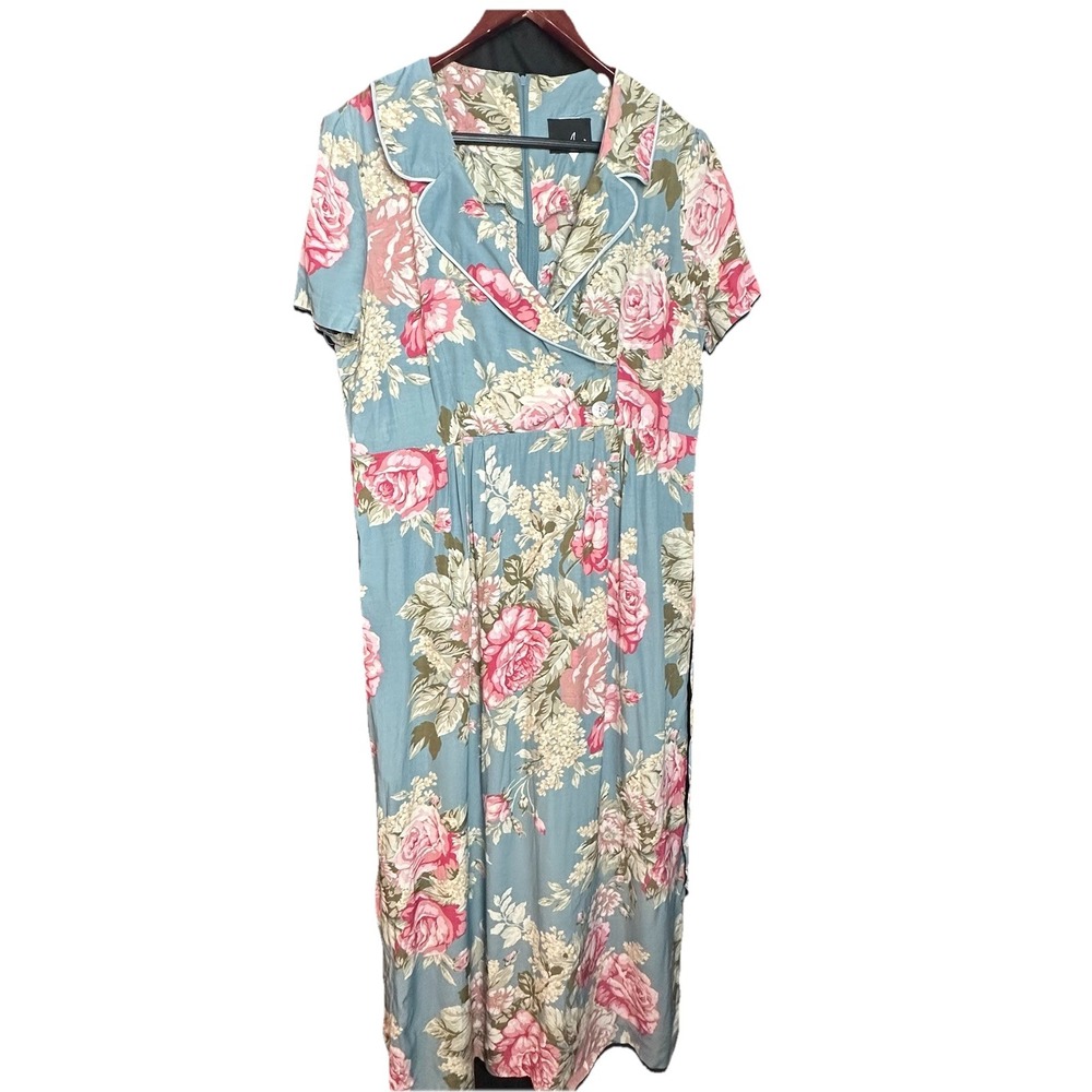 Positive Attitude Womens 12 Midi Dress Rose Print Pleated Front Tie Back Prairie